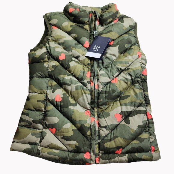 GAP Kids Girls Size Small Camouflage Heart Print Vest Water Resistant Lined NEW - Picture 1 of 11
